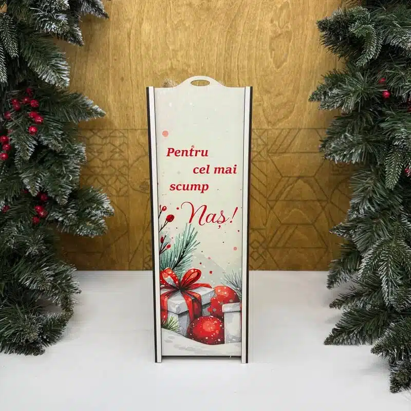 Cutie pentru sticlă de vin „Pentru cei mai scump Naș”