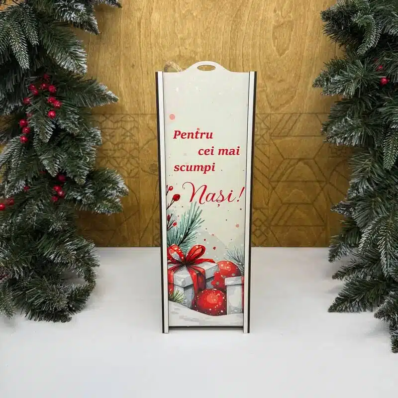 Cutie pentru sticlă de vin „Pentrucei mai scumpi Nași”