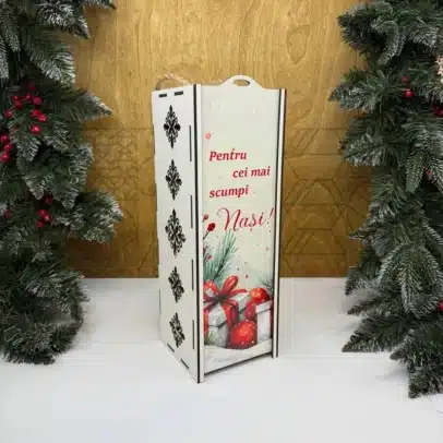 Cutie pentru sticlă de vin „Pentrucei mai scumpi Nași”